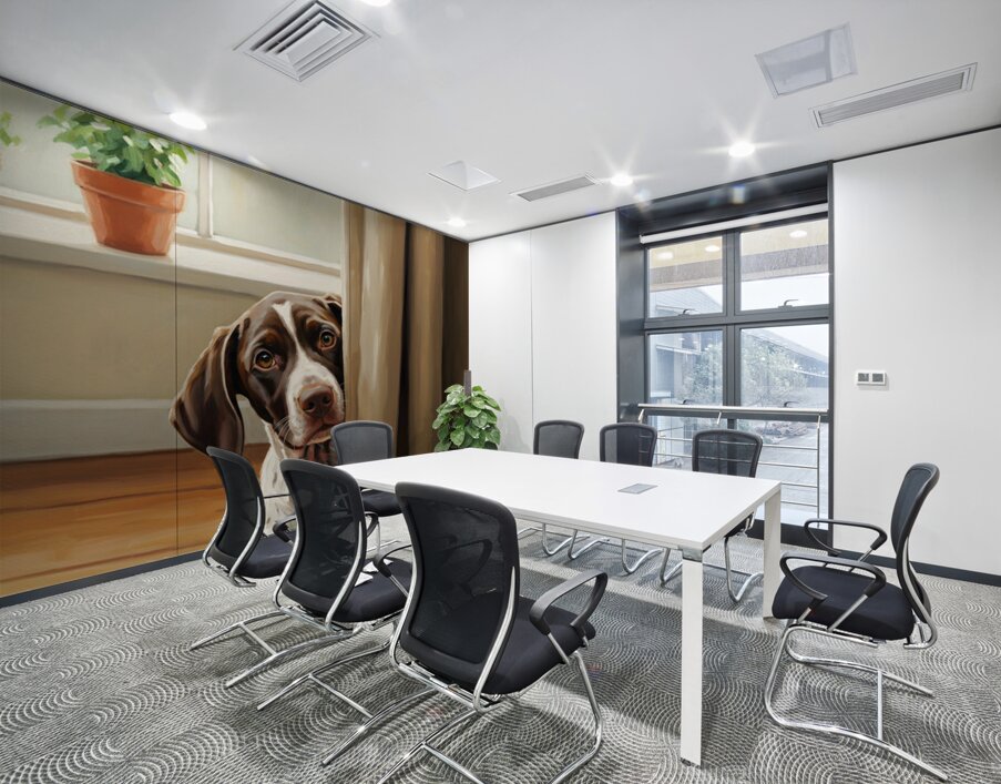 Happy Puppy Emerging From Curtain Hideout Wall Printing