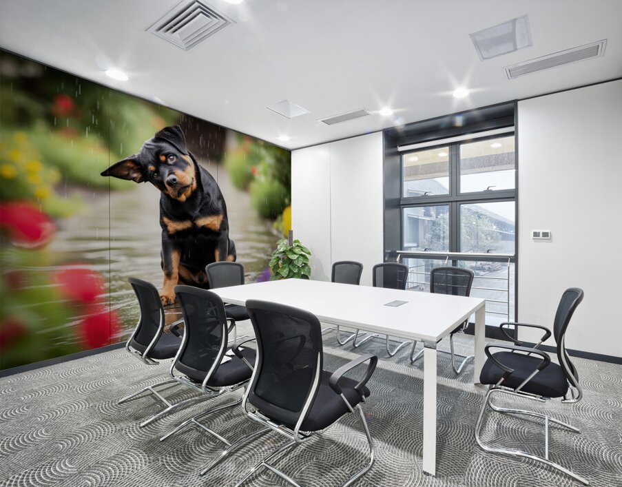 Happy Puppy Walks Away From Peaceful Garden Encounter Wall Printing