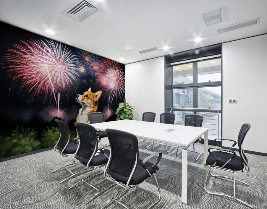 Happy Corgi Puppy Wags Tail After Fireworks End Wall Printing