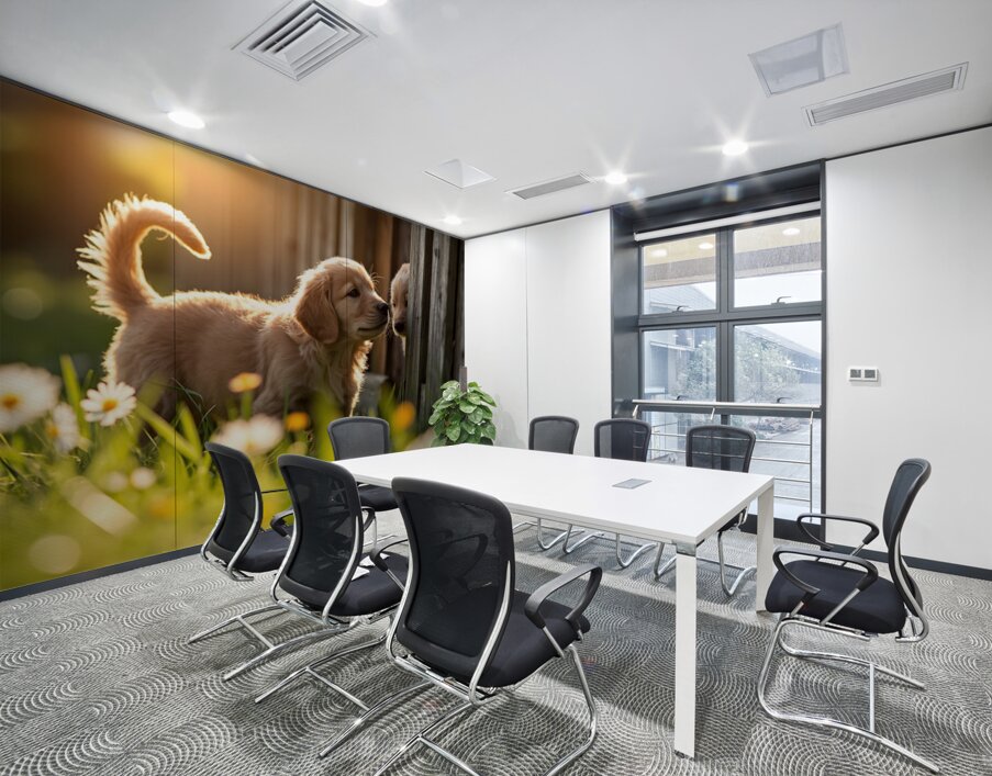 Golden Retriever Puppy Discovers Park Fence Wall Printing