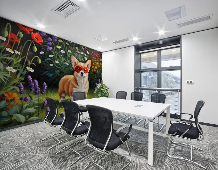 Corgi Puppy Discovers Superhero Mask In Bedroom Wall Printing