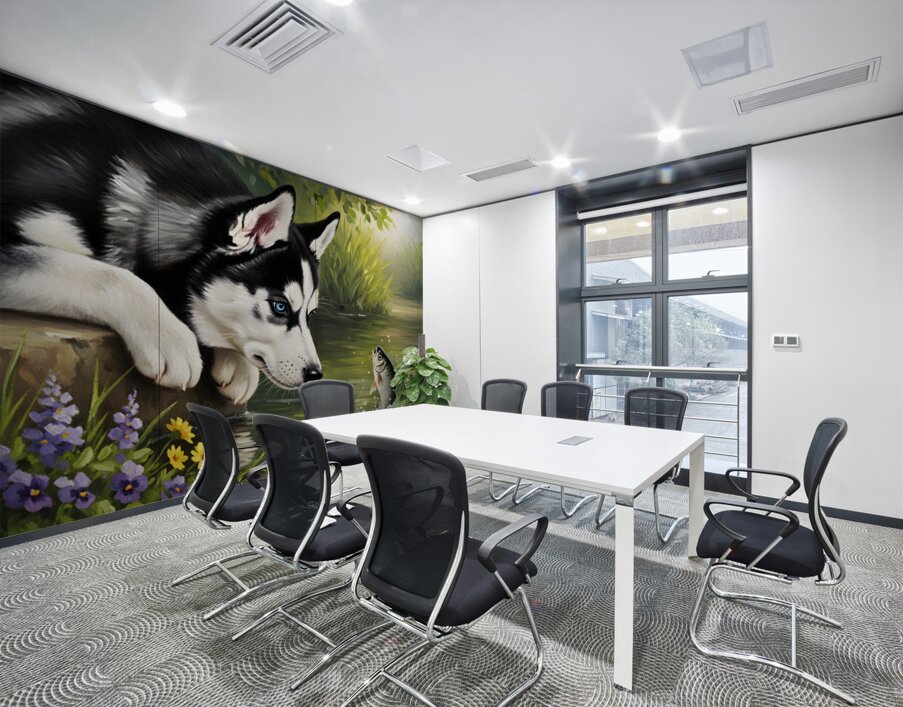 Curious Husky Puppy Discovers Garden Pond Wall Printing