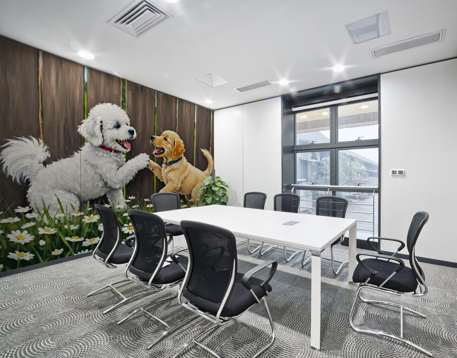 Happy Bichon Frise Puppy Plays With Fence Friend Wall Printing