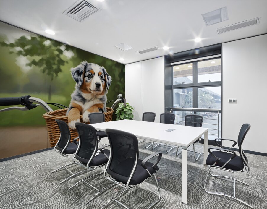 Happy Australian Shepherd Puppy Enjoys Bicycle Ride Wall Printing