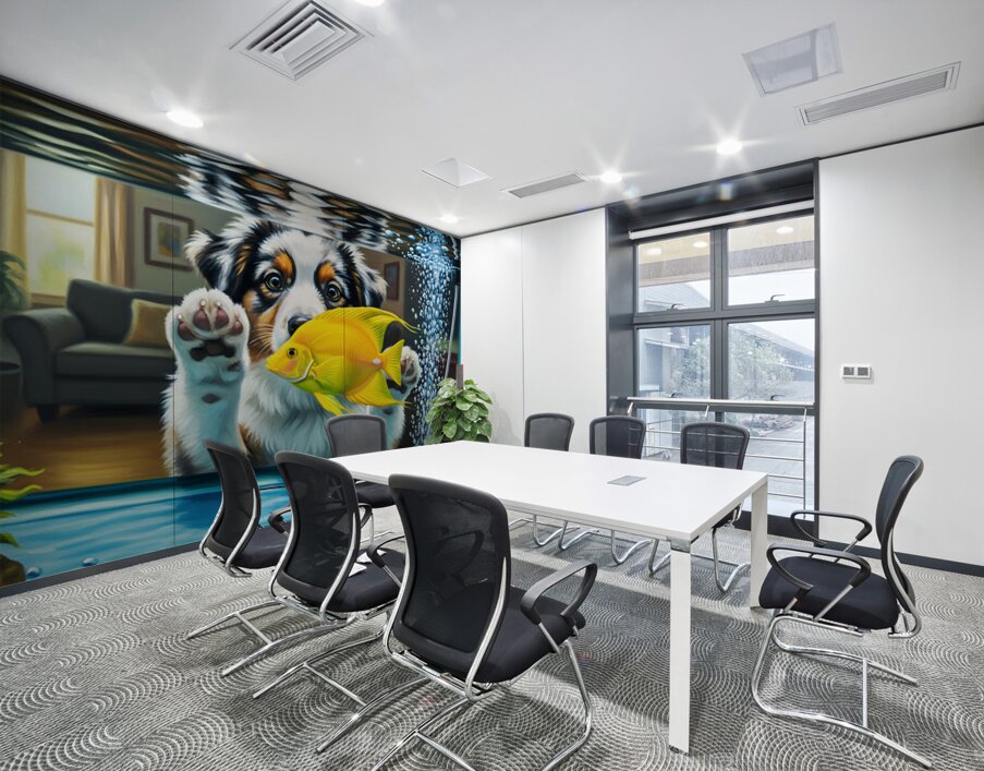 Australian Shepherd Puppy Discovers Amazing Fish Tank Wall Printing