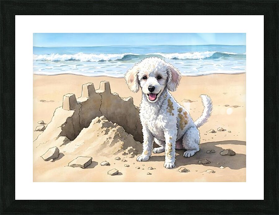 Happy White Poodle Puppy Sits In Destroyed Sand Castle Ruins Picture Frame print