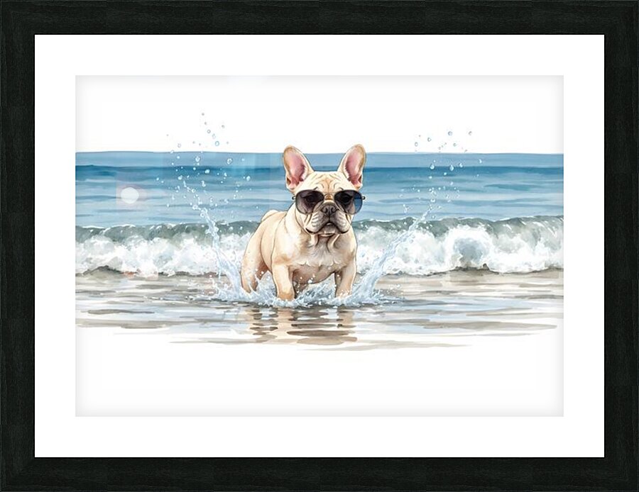 Cream French Bulldog Puppy Splashing In Ocean Water With Sunglasses Picture Frame print