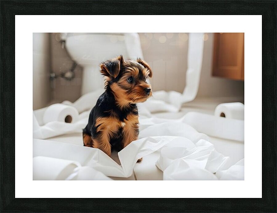 Brown Yorkshire Terrier Puppy With Unrolled Toilet Paper Trail Mess Picture Frame print