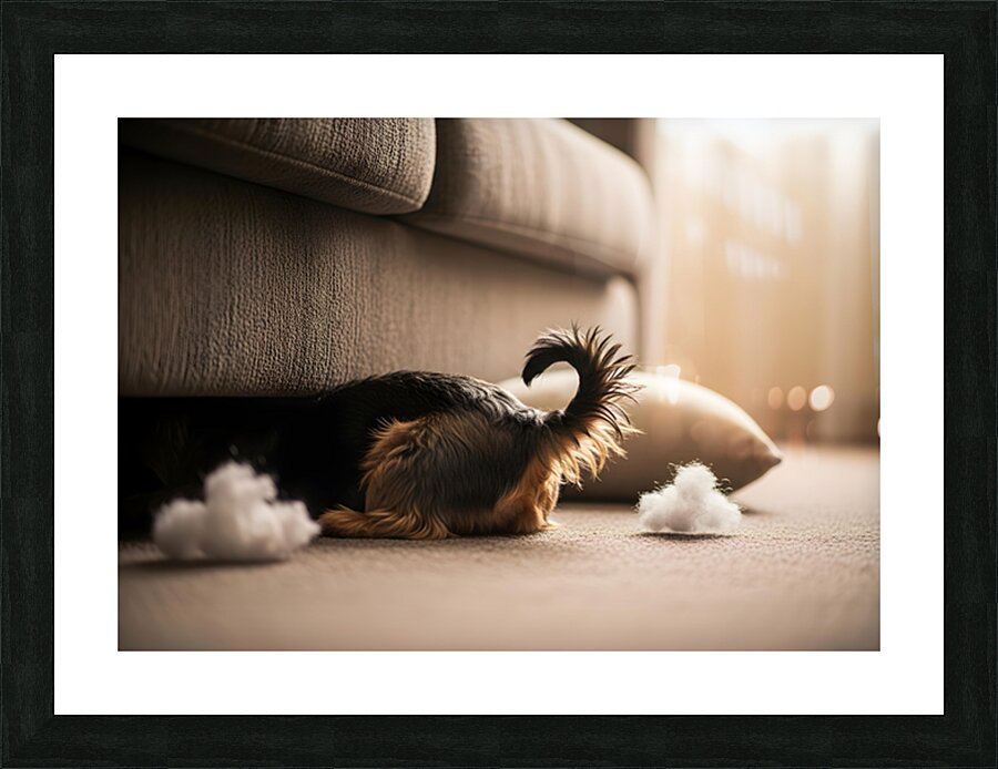 Brown Yorkshire Terrier Puppy Hiding Under Couch After Mess Picture Frame print