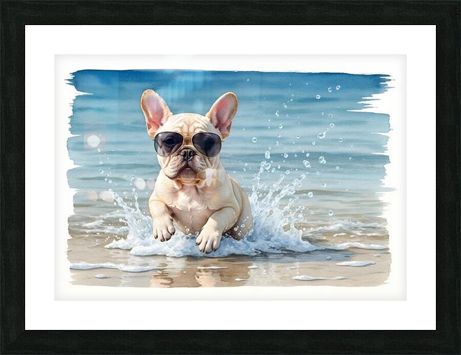 Cream French Bulldog Puppy Splashing In Ocean With Sunglasses Picture Frame print