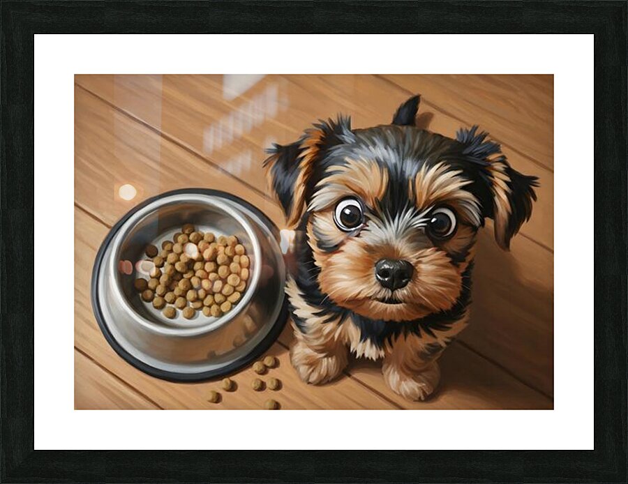 Apologetic Brown Yorkshire Terrier Puppy With Messy Bowl Picture Frame print