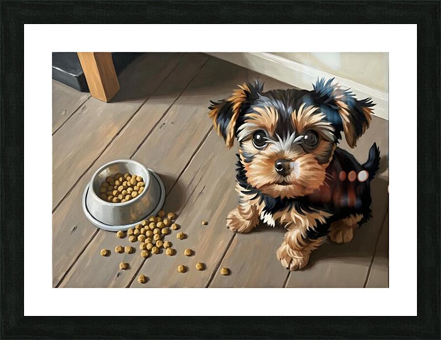 Brown Yorkshire Terrier Puppy With Overturned Food Bowl Picture Frame print