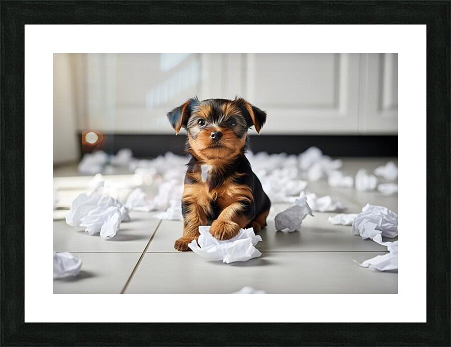 Guilty Yorkshire Terrier Puppy Surrounded By Shredded Tissue Picture Frame print