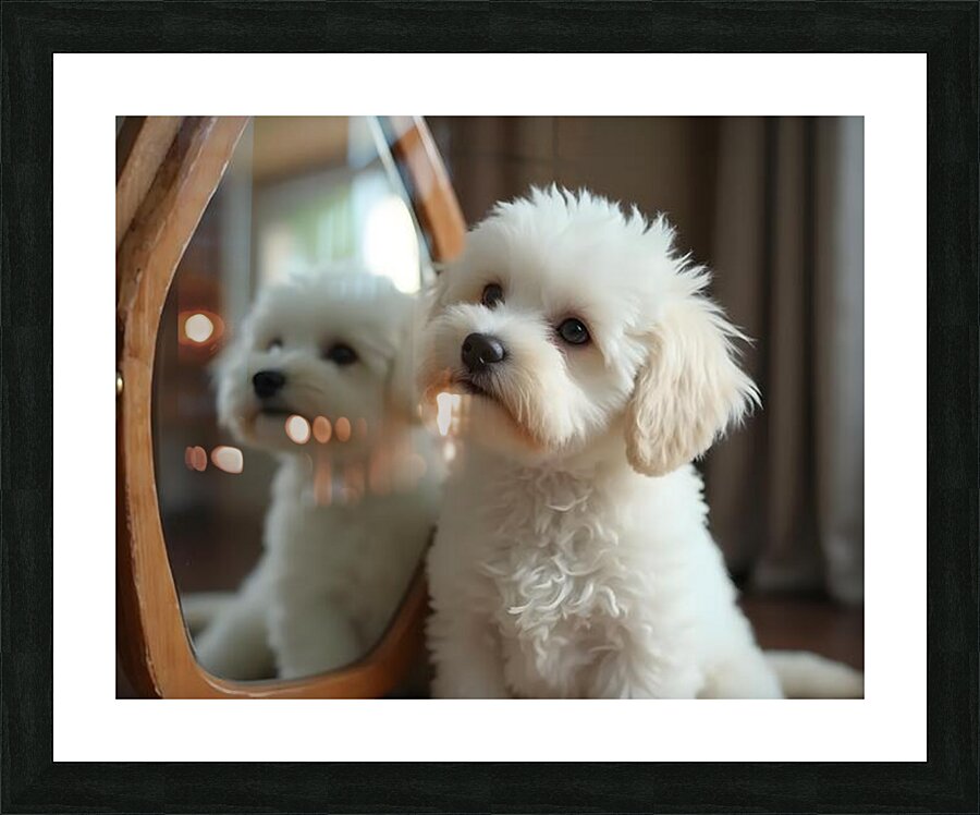 Thoughtful Bichon Frise Puppy Contemplates Its Mirror Reflection Picture Frame print