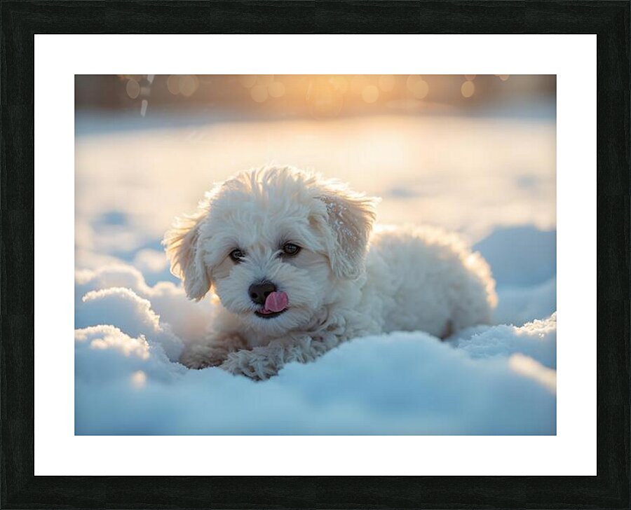 Content White Bichon Frise Puppy Resting After Snow Play Session Picture Frame print