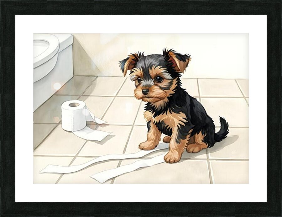 Brown Yorkshire Terrier Puppy With Unrolled Toilet Paper Trail Picture Frame print