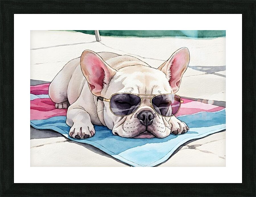 Tired Cream French Bulldog Puppy Resting On Beach Towel Picture Frame print