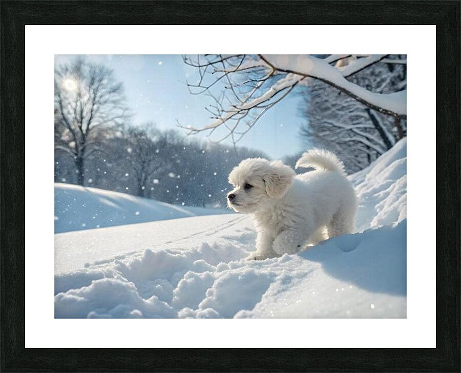 Curious White Bichon Frise Puppy Takes First Steps Into Deep Snow Picture Frame print