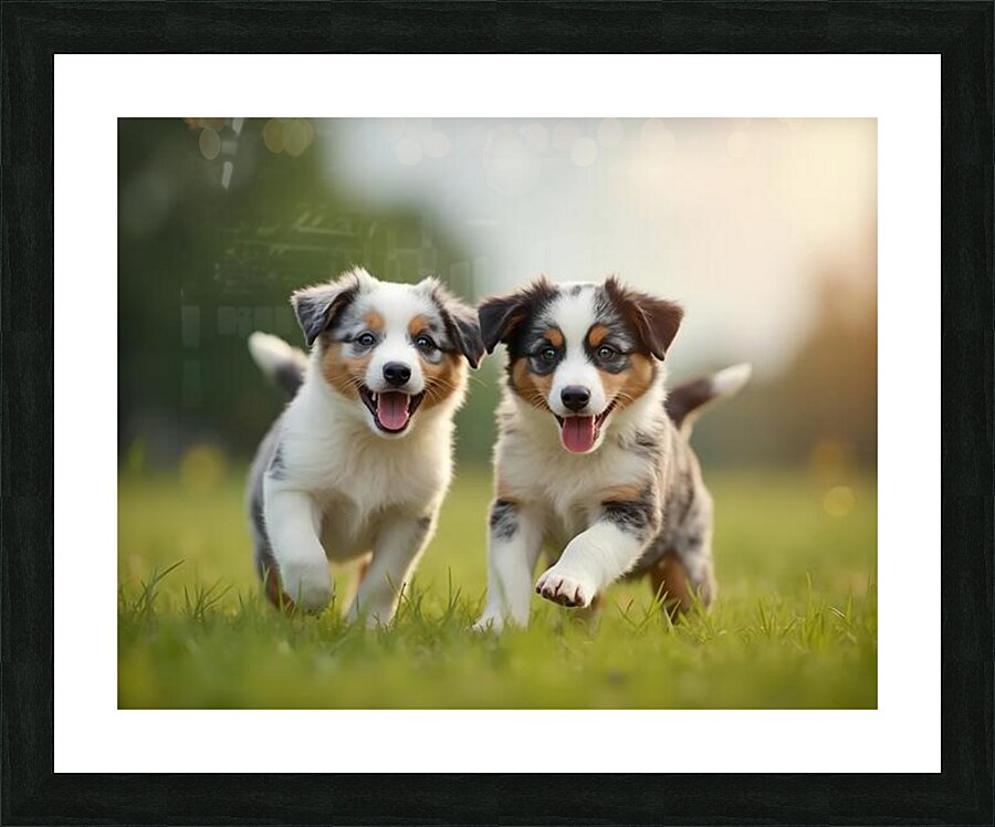 Blue Merle Australian Shepherd Puppies Playing Together In Tall Grass Picture Frame print