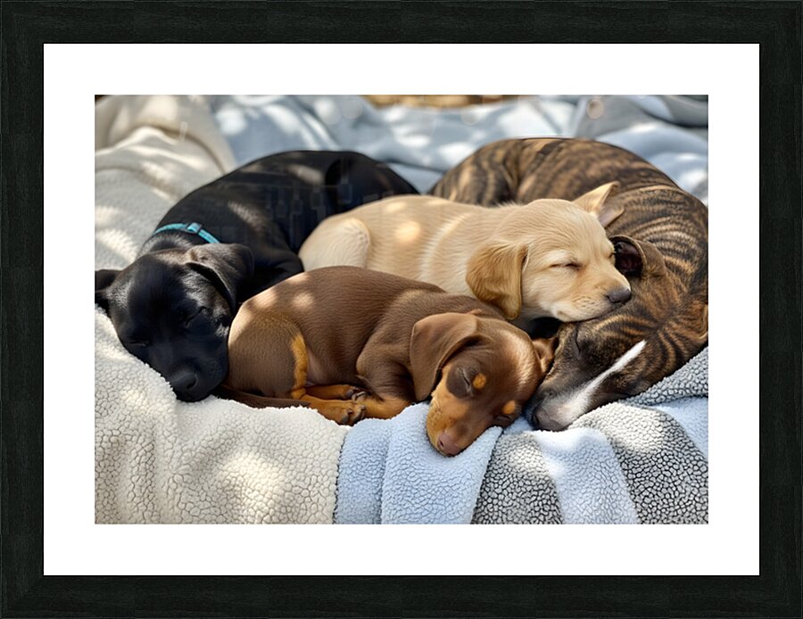 Sleepy Brown Dachshund Puppy Cuddling With Tired Siblings Picture Frame print