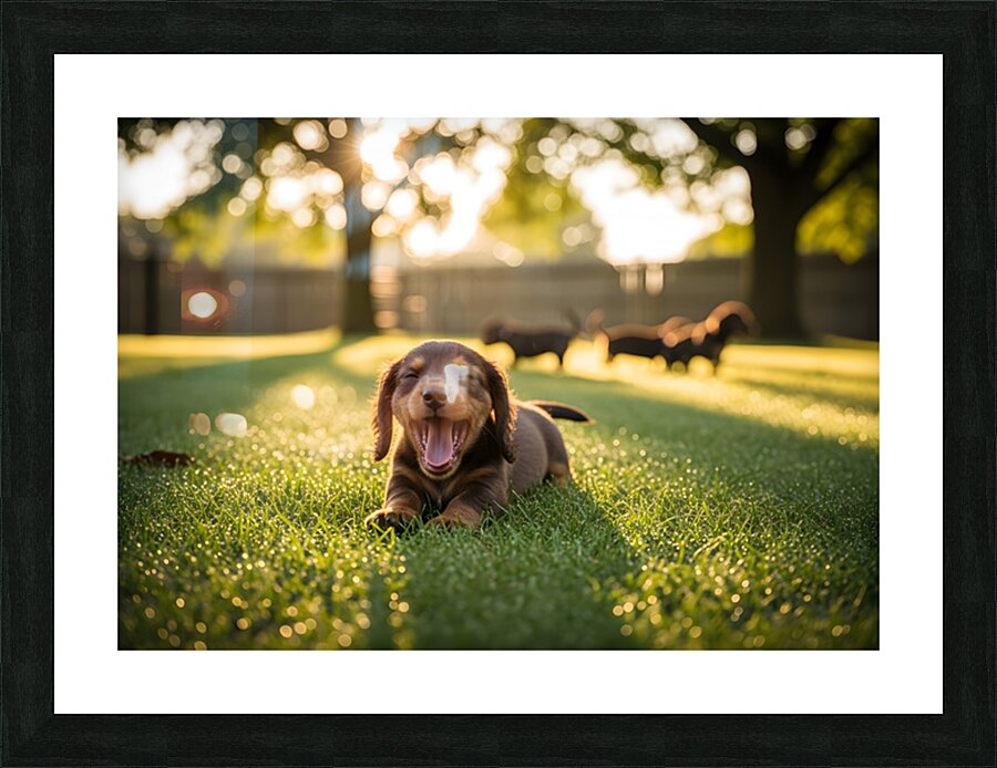 Brown Dachshund Puppy Waking Up In Sunny Garden Picture Frame print