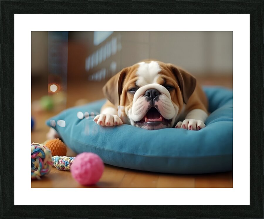 Sleepy Bulldog Puppy Yawns On Blue Cushion Picture Frame print