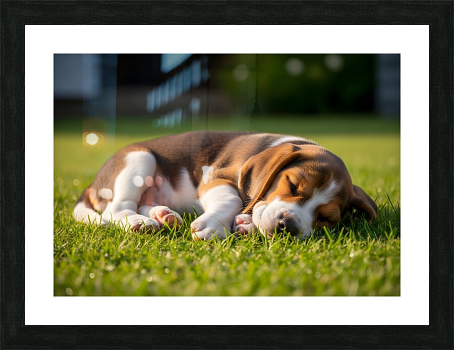 Beagle Puppy Peacefully Sleeping In Sunny Garden Picture Frame print