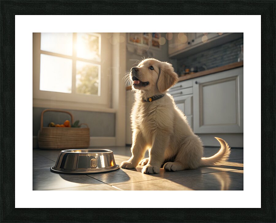 Golden Retriever Puppy Discovers Empty Food Bowl Picture Frame print