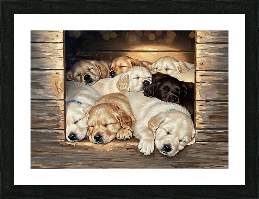 Golden Retriever Puppy Sleeping With Puppy Friends Picture Frame print