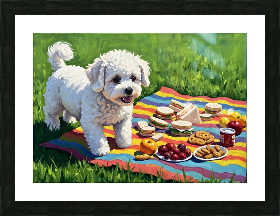 Bichon Frise Puppy Discovers Picnic Spread Picture Frame print