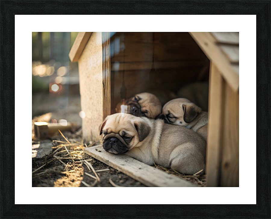 Pug Puppy Settles Comfortably With Sleeping Friends Picture Frame print