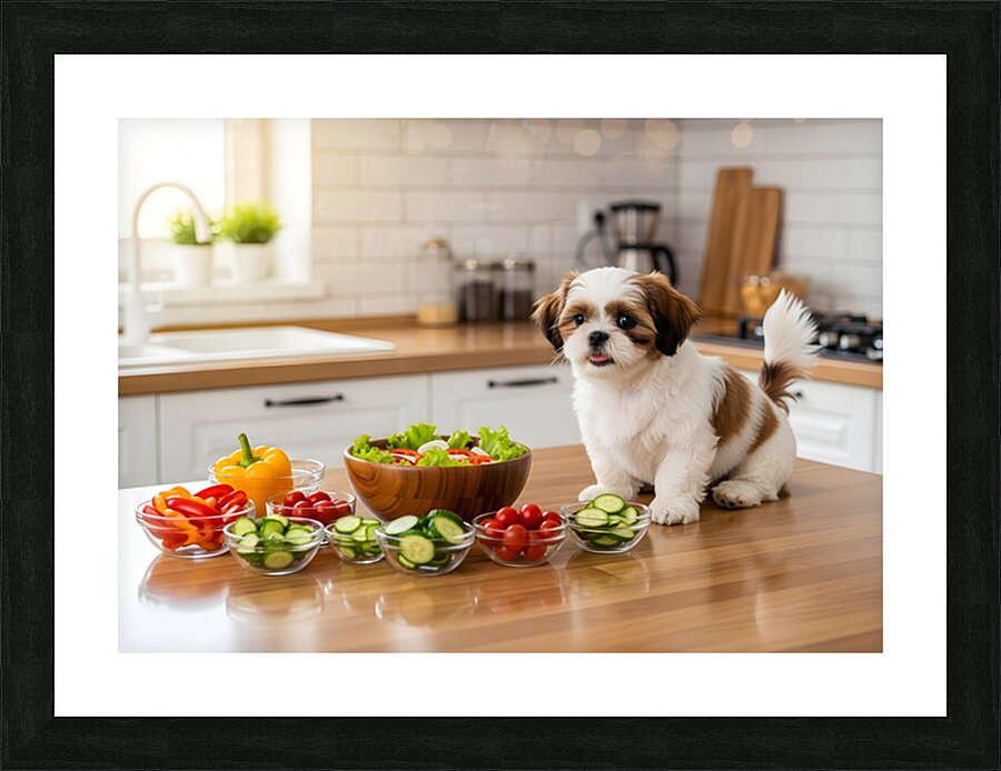 Happy Shih Tzu Puppy In Tidy Kitchen After Cooking Picture Frame print