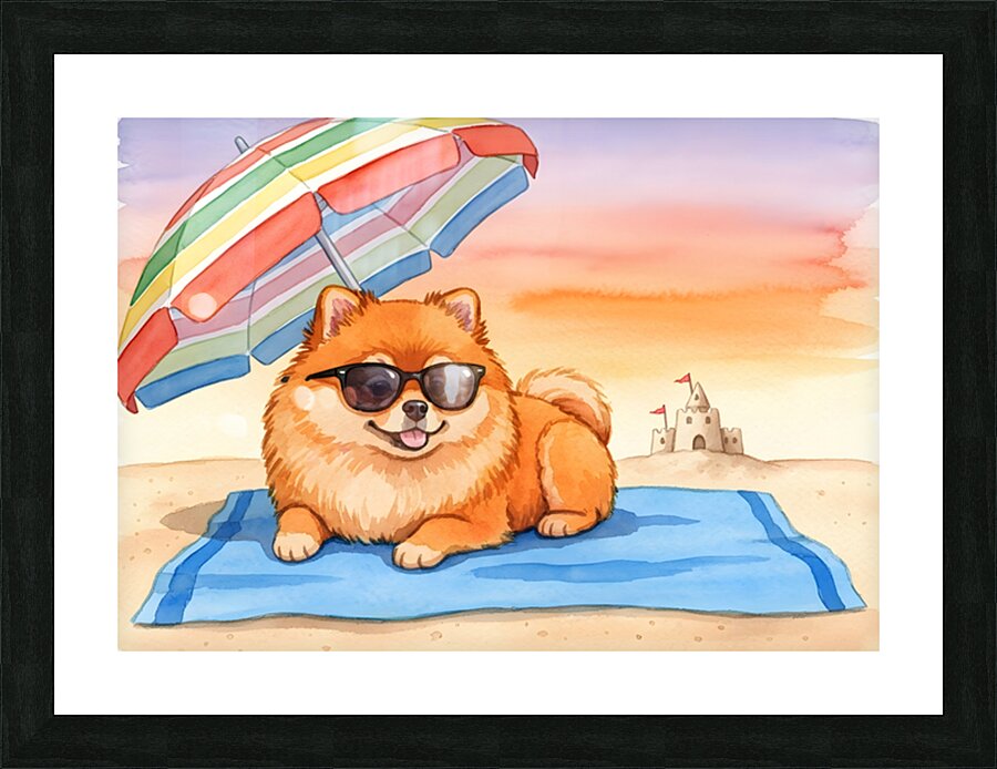 Tired Pomeranian Puppy Resting On Beach Towel Picture Frame print