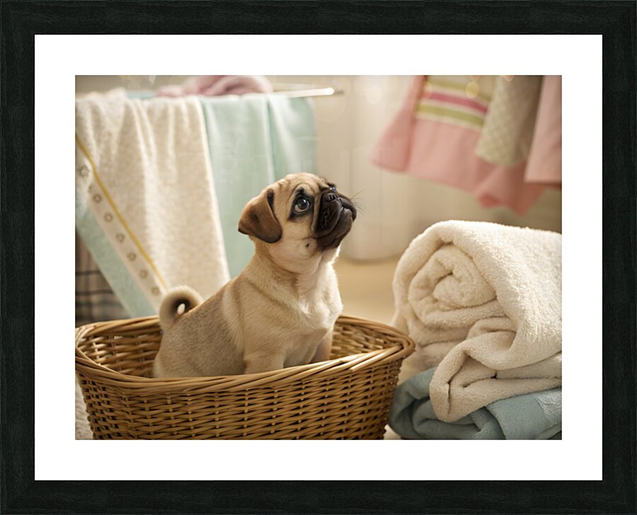 Pug Puppy Discovers Cozy Laundry Basket Picture Frame print