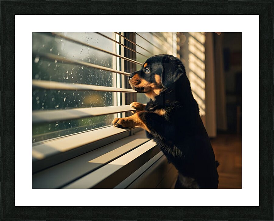 An adorable black and tan Rottweiler puppy stands curiously at a window Picture Frame print