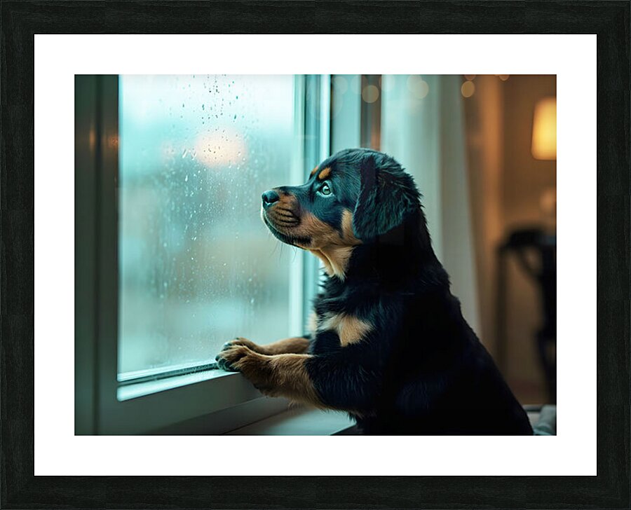 Hopeful Rottweiler Puppy Anticipates End Of Rainy Weather Picture Frame print