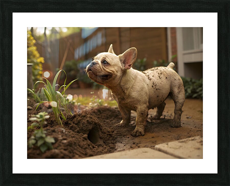 French Bulldog Puppy Discovers Muddy Garden Adventure Picture Frame print