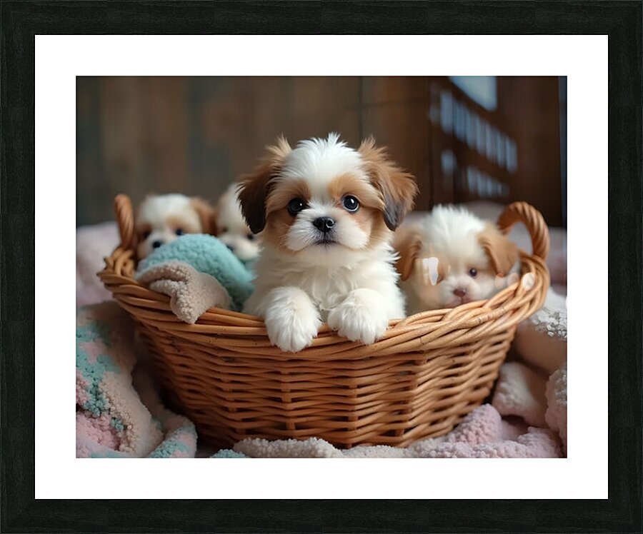 Shih Tzu Puppy Discovers Cozy Laundry Basket Adventure Picture Frame print