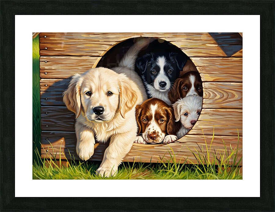 Golden Retriever Puppy Enters Crowded Doghouse Picture Frame print