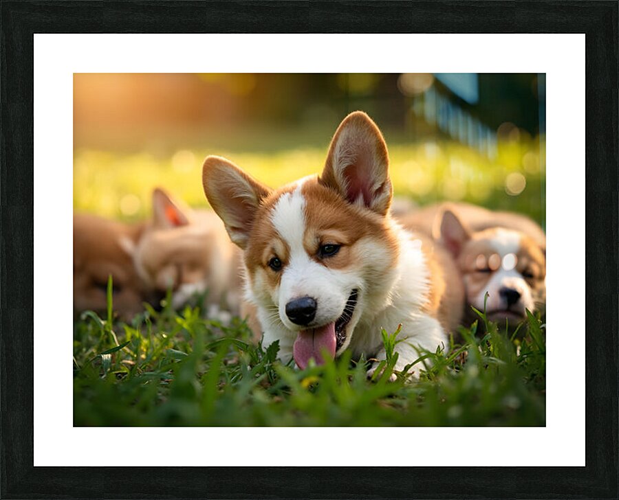 Tired Pembroke Welsh Corgi Puppy Resting After Playing With Siblings Picture Frame print