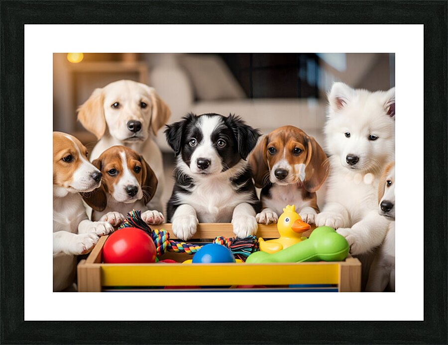 Border Collie Puppy Discovers Exciting Toy Box Picture Frame print