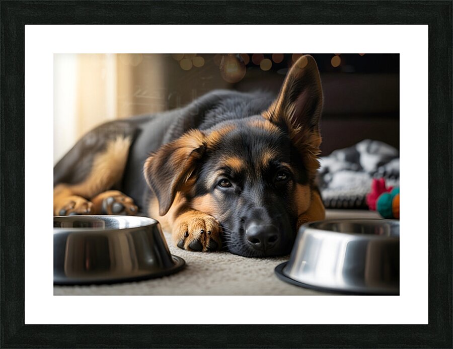 Drowsy German Shepherd Puppy Resting After Eating Picture Frame print