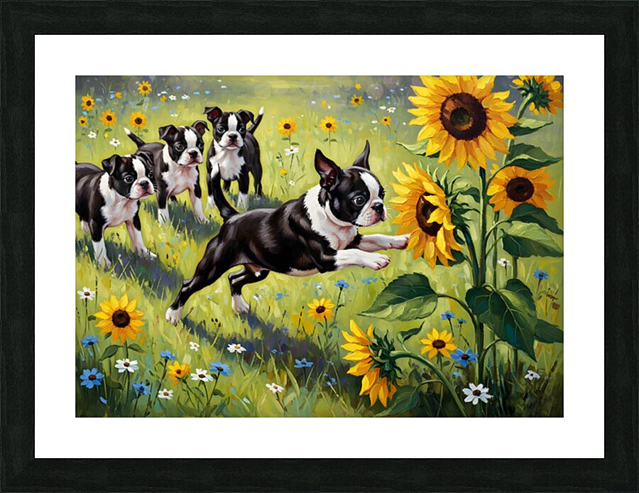 Boston Terrier Puppy Plays Near Beautiful Sunflower Picture Frame print