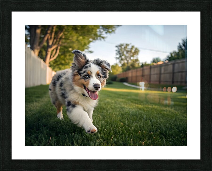 Australian Shepherd Puppy Gets The Zoomies In Backyard Picture Frame print