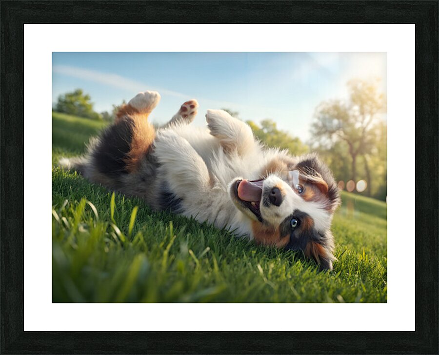 Happy Australian Shepherd Puppy Rolls On Grass Picture Frame print