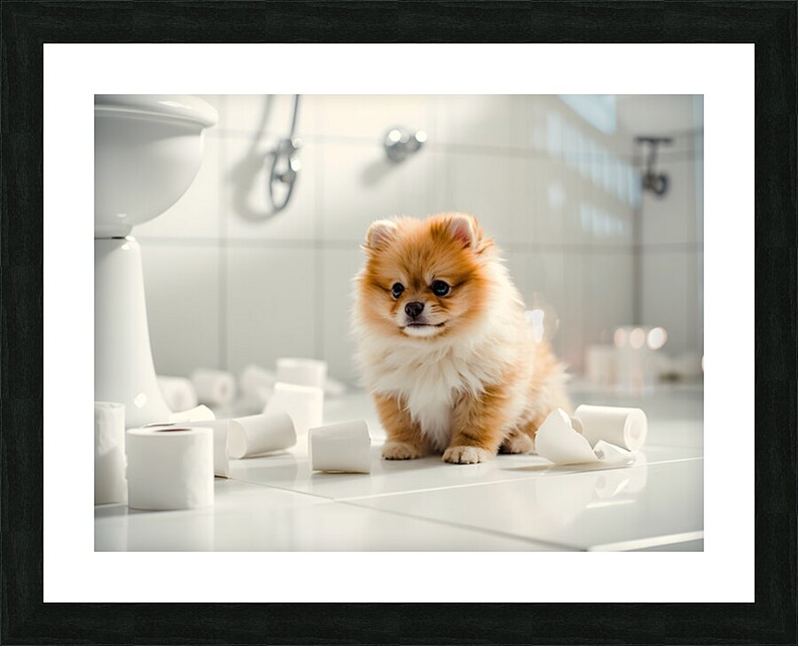 Pomeranian Puppy Discovers Toilet Paper Roll Picture Frame print