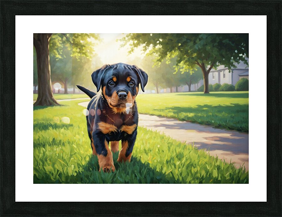 Young Rottweiler Puppy Explores The Park Alone Picture Frame print