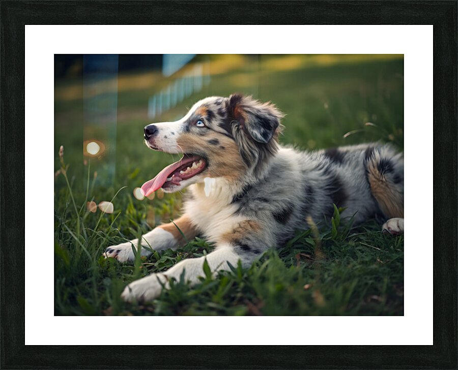 Tired Australian Shepherd Puppy Rests After Zoomies Picture Frame print