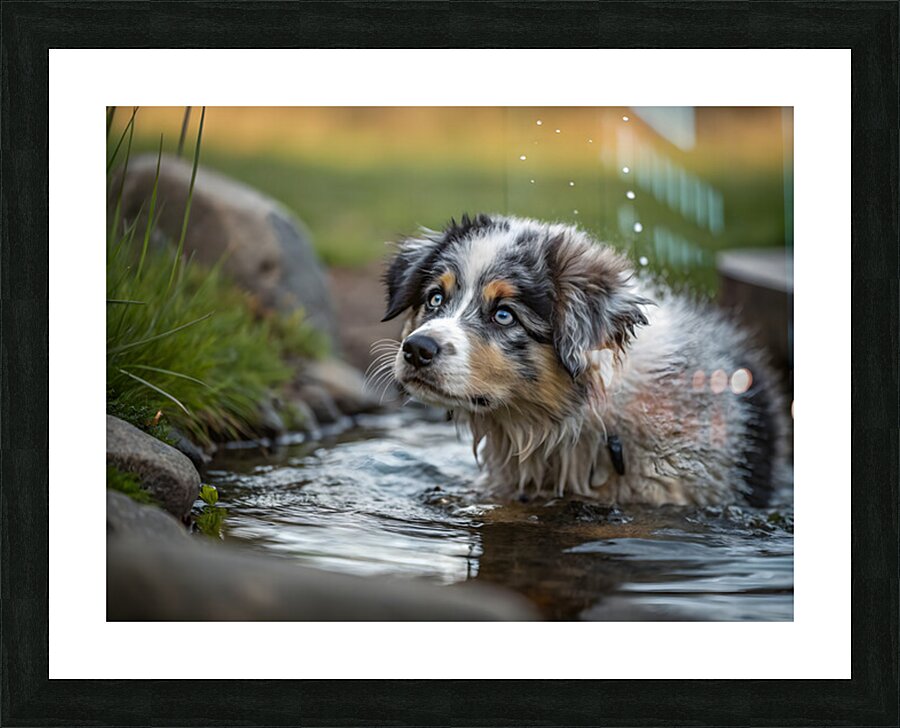 Australian Shepherd Puppy Emerges From Pond Water Picture Frame print