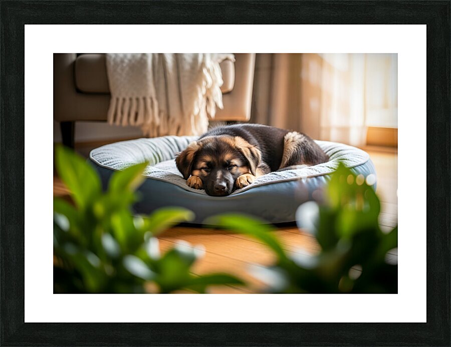 German Shepherd Puppy Getting Sleepy In Cozy Bed Picture Frame print